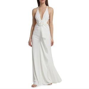 Ronny Kobo Ravenna Floral Applique Plunge Gown in White